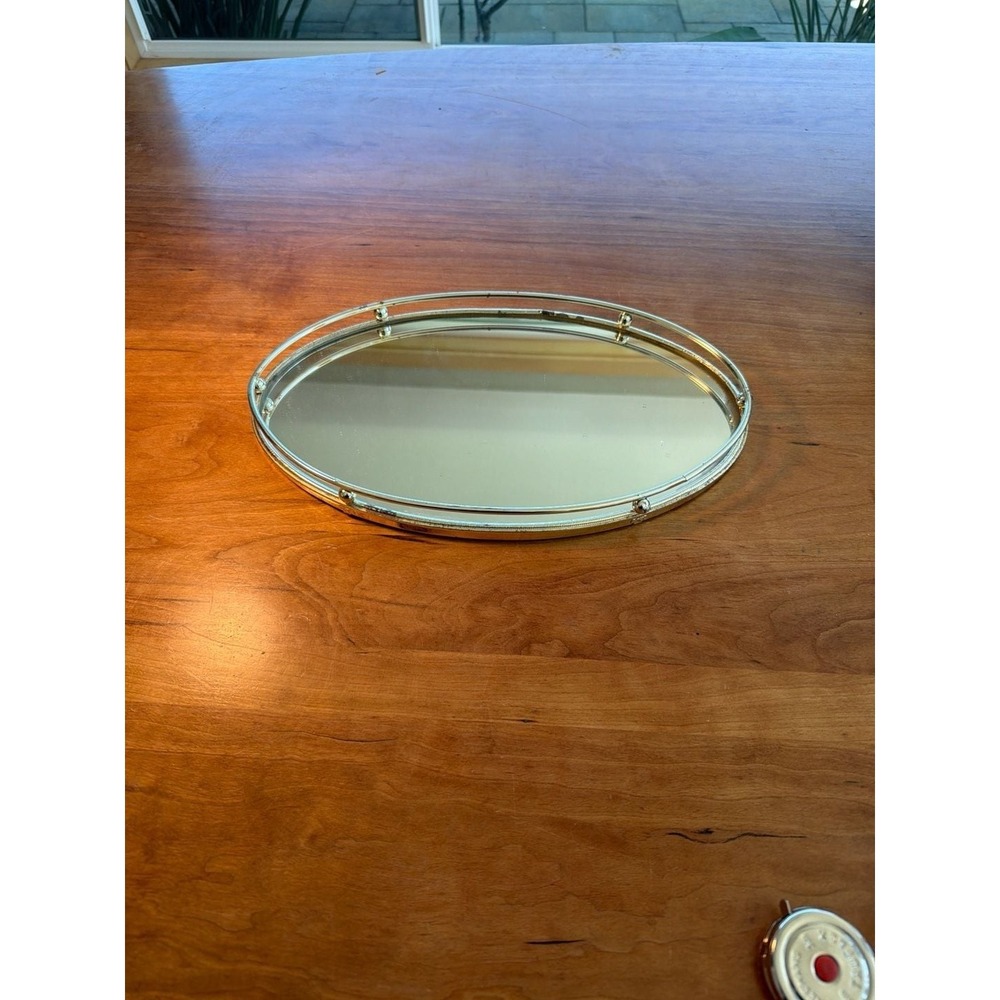 Vintage Mid-Century Hollywood Regency‎ Oval Brass Mirrored Vanity Tray